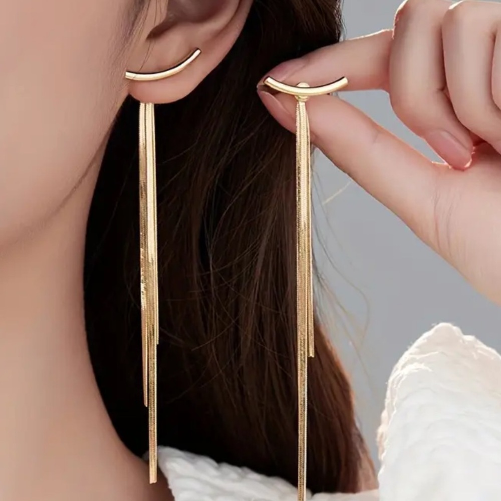 Simple Elegant Minimalist Snake Bone Tassels in a Long Metallic Design Earrings